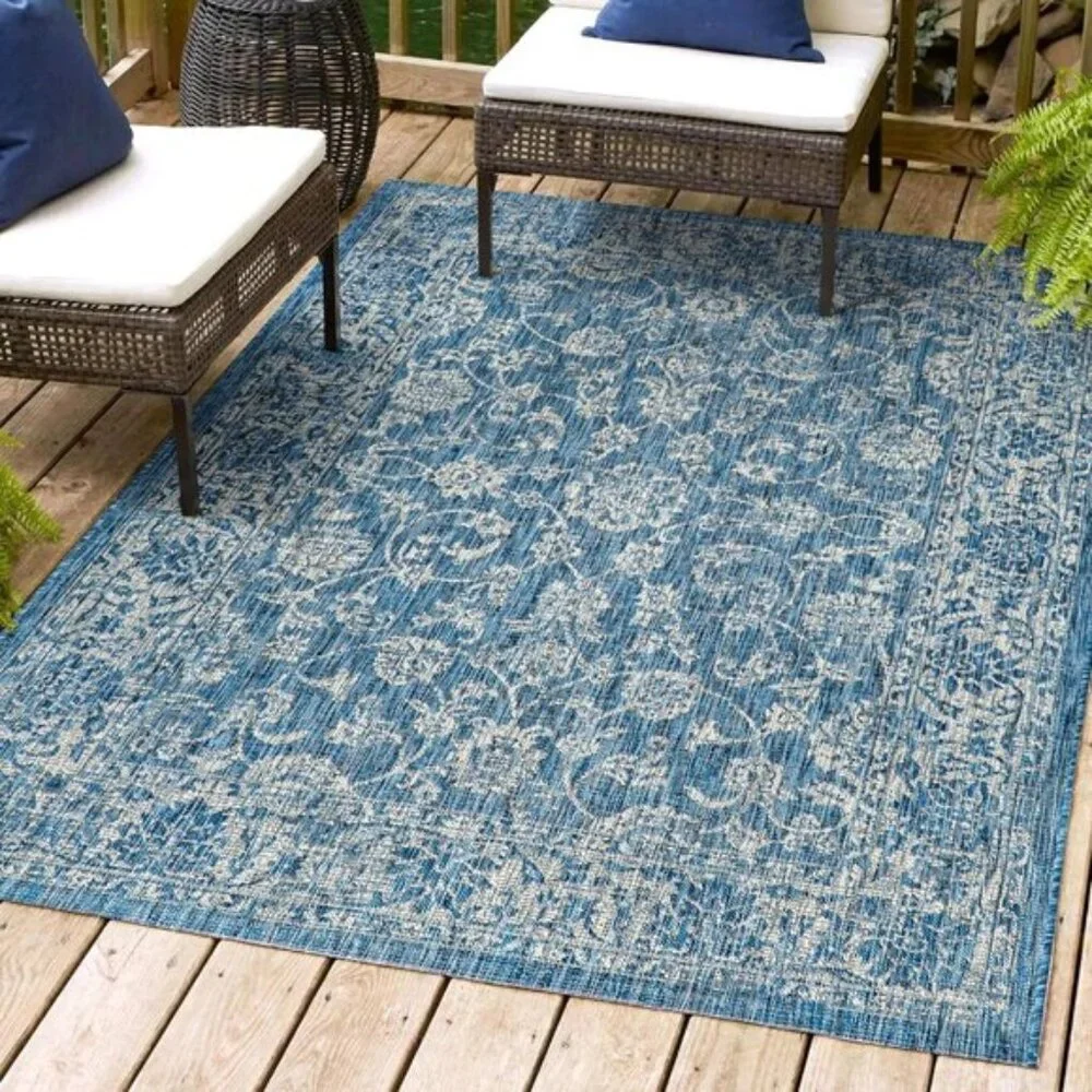 New 8x10 Boho Navy Gray Rug Indoor Outdoor Non-Slip Area Carpet for Home & Patio